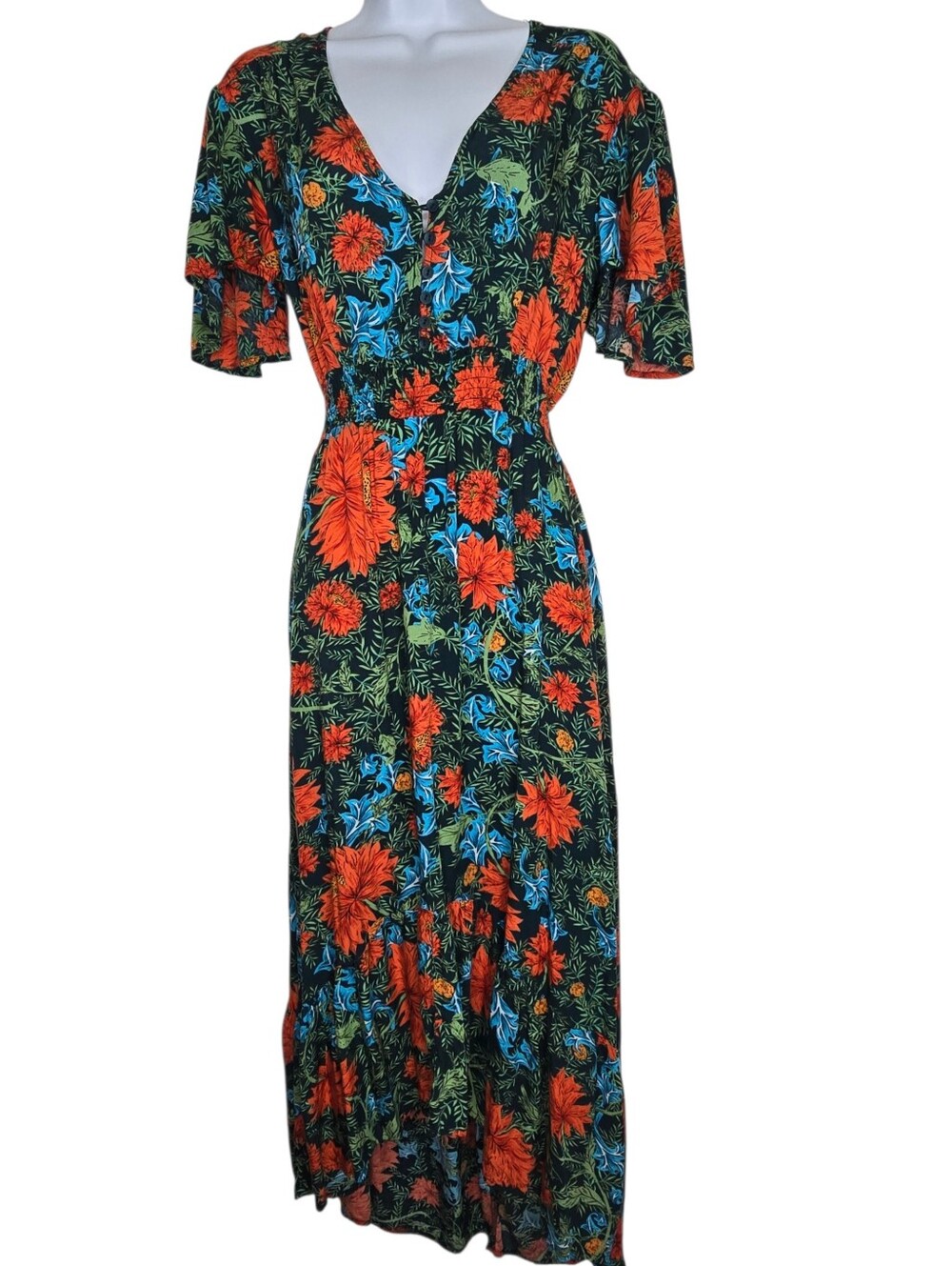 Abel the Label high-low dress with a vibrant floral print and a smocked waist